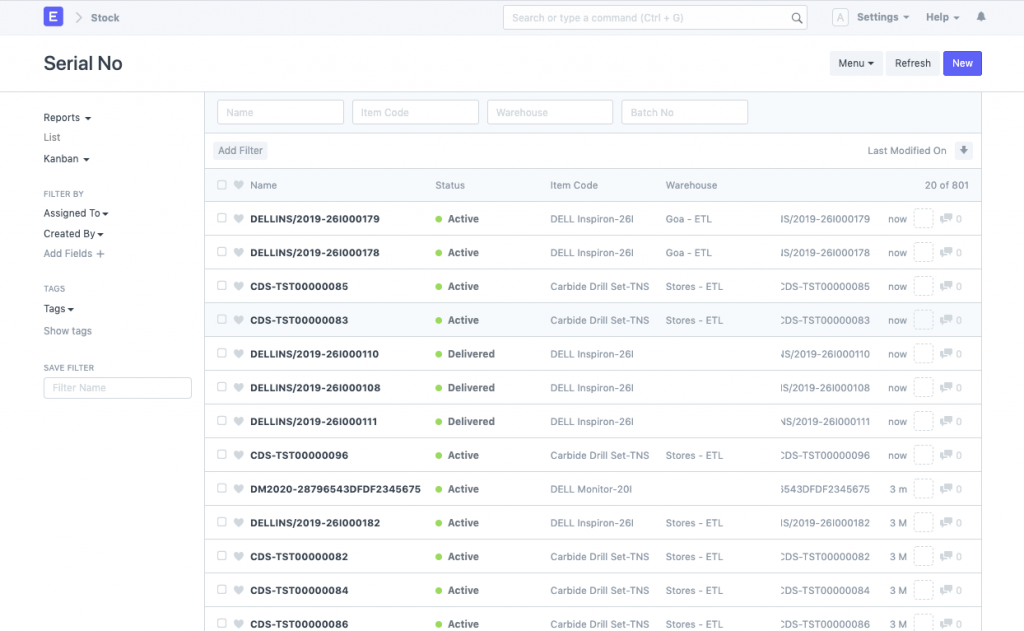 manufacturing erp serialized inventory screenshot