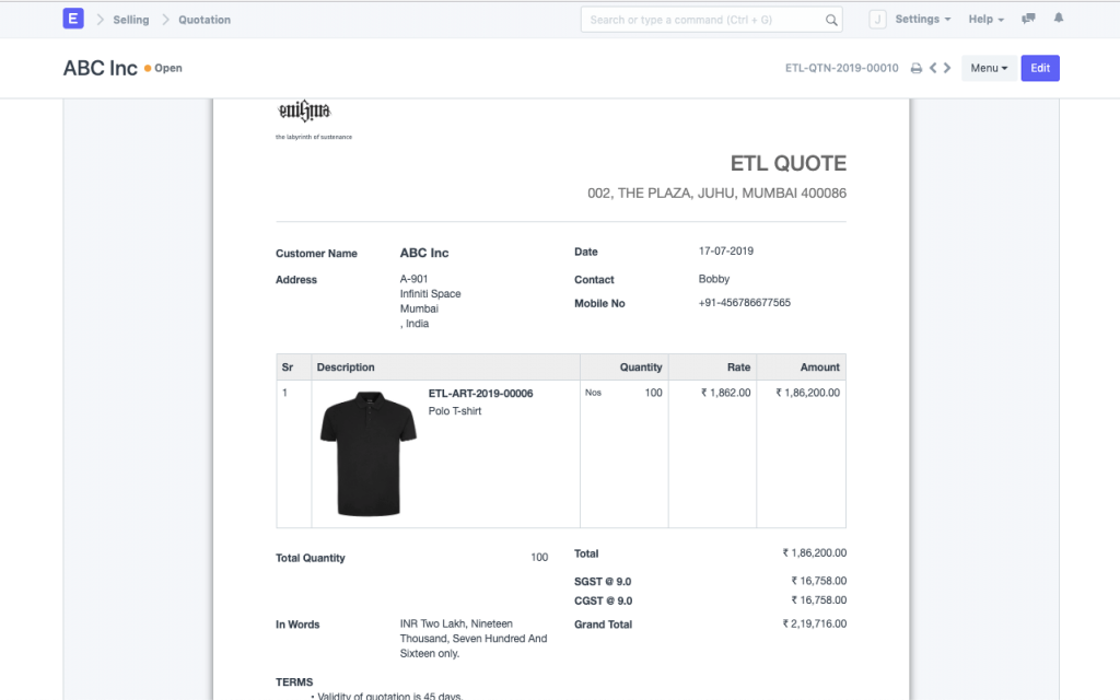 Example of ERPNext sales feature, custom invoices.